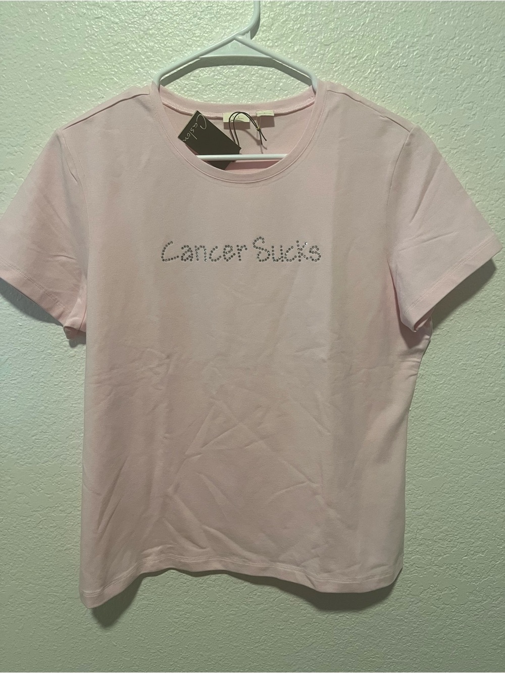 Caslon Light Pink Short Sleeve Tee with Rhinestone 'Cancer Sucks'